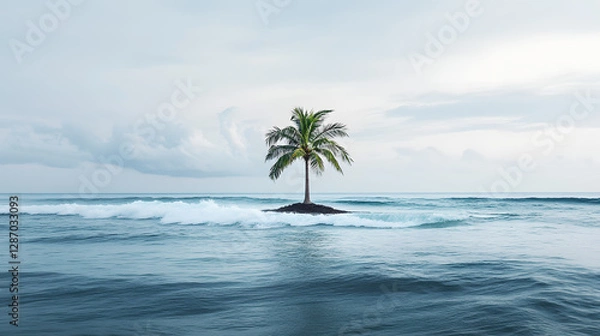 Fototapeta A small deserted island with a single palm tree in the middle of the vast ocean surrounded by gentle waves.