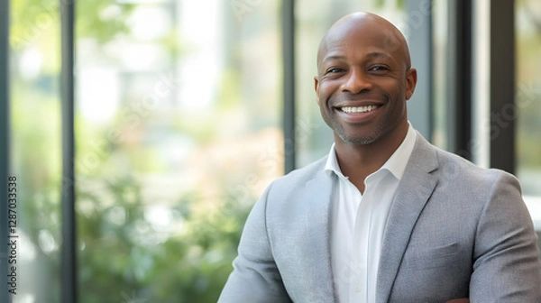 Obraz A smiling man in a business casual outfit standing near a window with natural light.