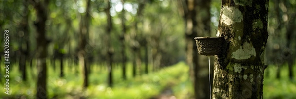 Fototapeta Close-Up View of Latex Extraction in Rubber Tree Plantation Highlighting Sustainable Practices