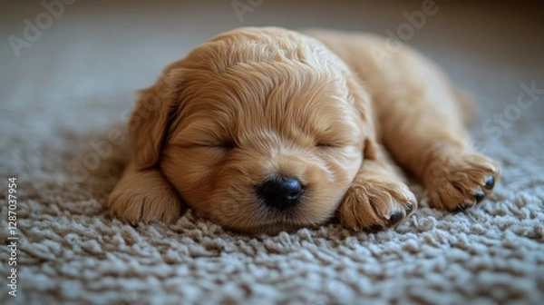 Fototapeta Adorable sleeping puppy on plush carpet indoors