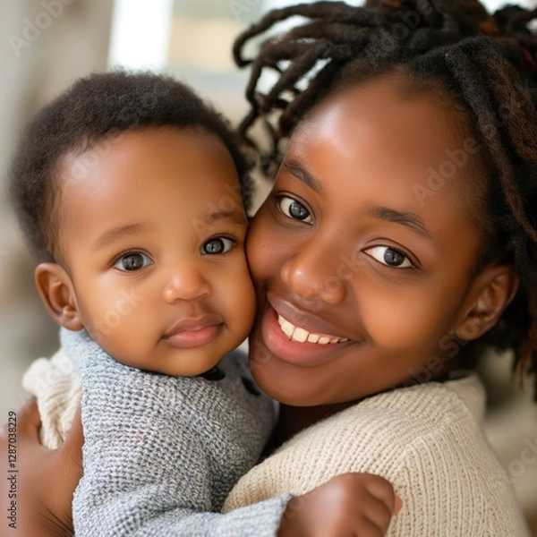 Fototapeta A Black mother holds her baby lovingly, both smiling warmly, celebrating a special moment during Mother's Day in a soft-lit room