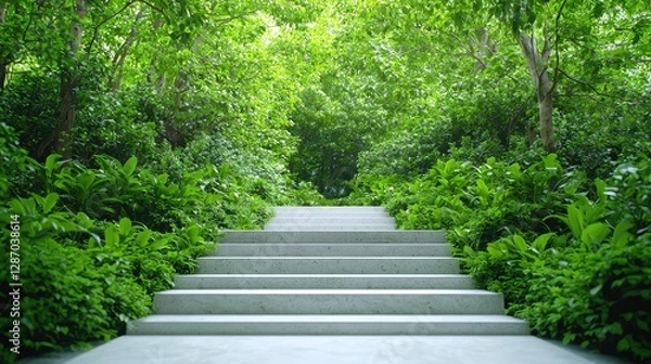 Fototapeta Lush garden path stairs leading to sunlight