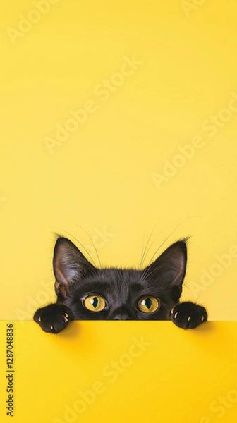 Obraz Cute black cat peeking with yellow background, displaying playful and adorable expression