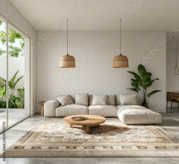 Fototapeta Modern living room with patio view, beige sectional sofa and round coffee table
