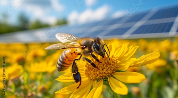 Obraz Beauty of nature and technology in harmony as a bee pollinates bright yellow flowers amidst solar panels