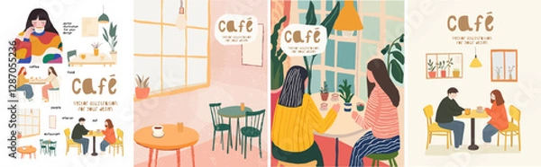 Obraz Cafe and coffee. Vector abstract, pastel illustration of dining room interior, table with chairs, furniture, girlfriends on a meeting, couple in a restaurant for a poster or background