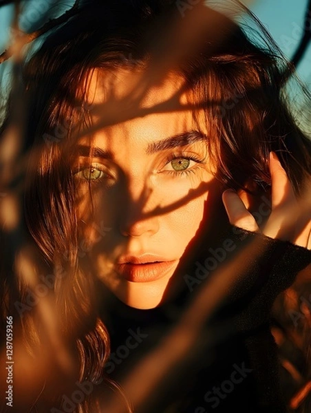 Fototapeta Close-up portrait of a woman with green eyes, partially covered by shadows from branches, bathed in warm golden hour sunlight
