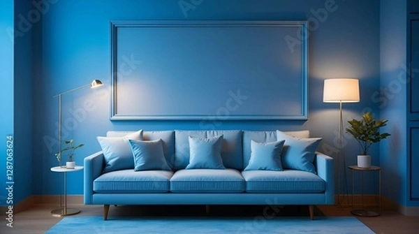 Fototapeta Tranquil Blue Living Room: Stylish Sofa and Modern Lighting