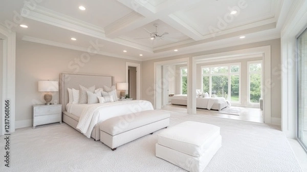 Fototapeta Luxurious master bedroom suite with lake view, natural light, and high ceilings
