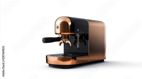 Fototapeta This artistic image showcases a uniquely designed copper and black espresso machine, emphasizing modern aesthetics and high-quality coffee experience in home settings.