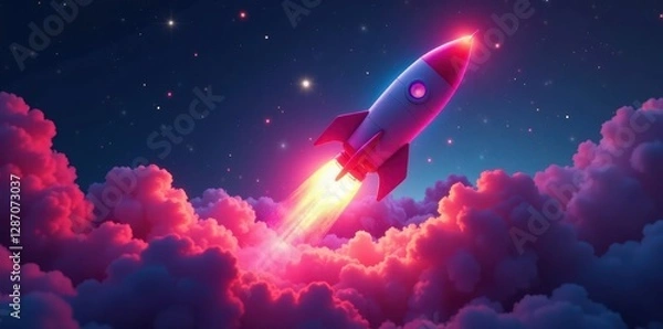 Obraz Multicolored rocket ascension, glowing neon, swirling smoke , design, bright