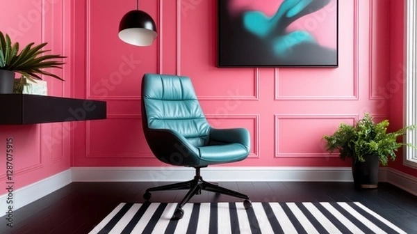 Fototapeta This image presents a lively office environment, featuring a turquoise chair against striking pink walls and contemporary decor that boosts creativity and engagement.