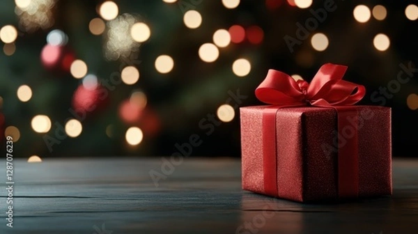 Fototapeta A striking red gift box adorned with a bow stands proudly against the festive backdrop of a Christmas tree, embodying the joy and anticipation of the holiday season.
