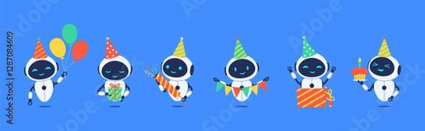 Obraz Set of smiling robots celebrating birthday with party elements. Vector illustration for AI, celebration or tech themed designs