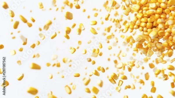 Obraz Falling corn kernels, white background, food texture, recipe backdrop