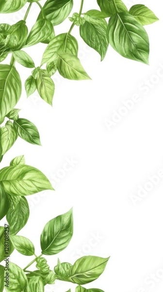 Fototapeta Fresh basil leaves border, white background, cooking recipe