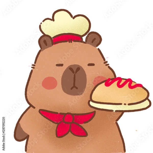Obraz Cute cartoon capybara chef holding hot dog with ketchup, wearing chef hat and red scarf