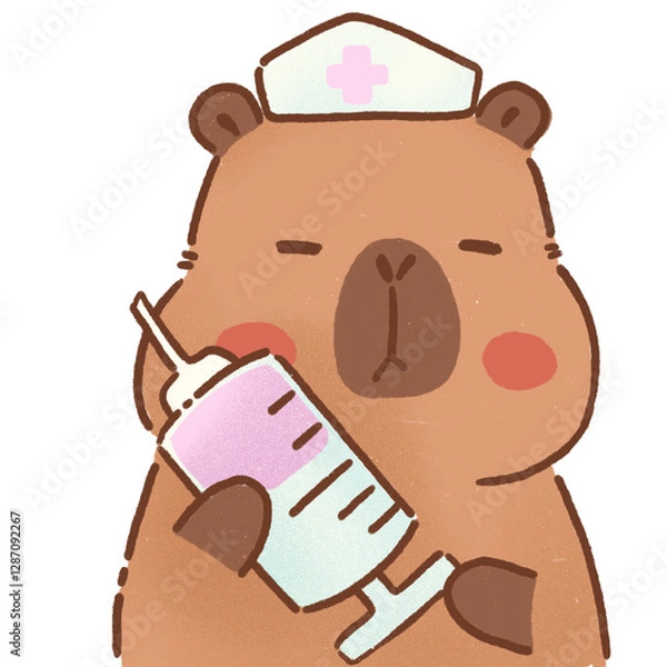 Obraz Cute capybara nurse holding syringe, ready to help with vaccinations and care