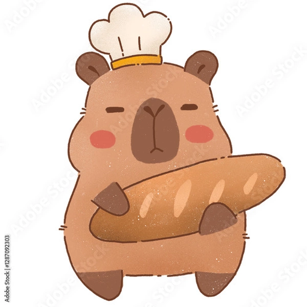 Obraz Cute cartoon capybara chef holding loaf of bread, wearing chef hat