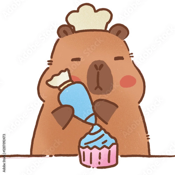 Obraz Cute capybara chef decorating cupcake with blue icing, showcasing creativity and joy in baking