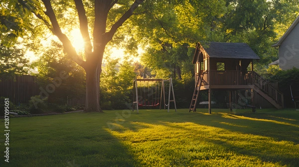 Fototapeta A family-friendly rental house with a spacious backyard complete with a treehouse and swing set.