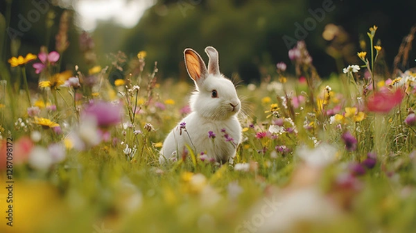 Fototapeta A fluffy white rabbit sitting in a meadow filled with colorful wildflowers its ears perked up.
