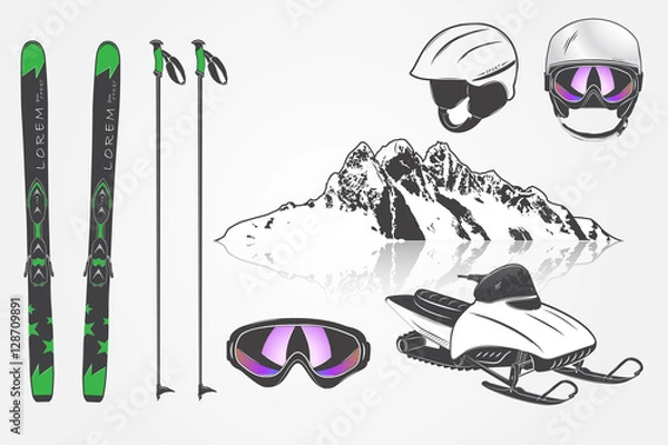 Fototapeta Set Ski Club Team. Mountain and Outdoor Adventures. Rent a snowmobile for winter holidays and vacation. Typographic labels, stickers, logos