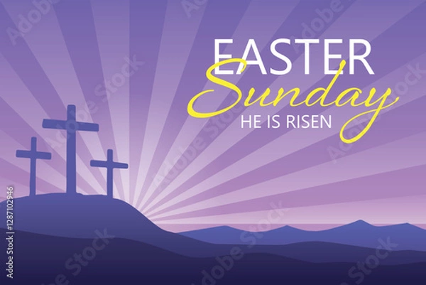 Fototapeta Easter Sunday vector illustration, with three crosses on the Calvary hill.