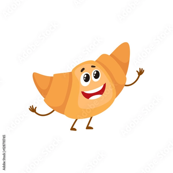 Fototapeta Funny croissant, bread roll character, cartoon style vector illustration isolated on white background. Cute smiley freshly baked croissant character with eyes and legs