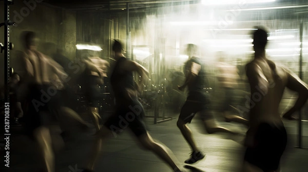 Fototapeta A high-intensity interval training HIIT session in a gym with participants jumping running and lifting weights.