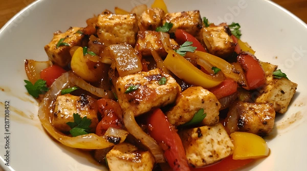 Fototapeta A spicy onion and bell pepper stir-fry with tofu and soy sauce.