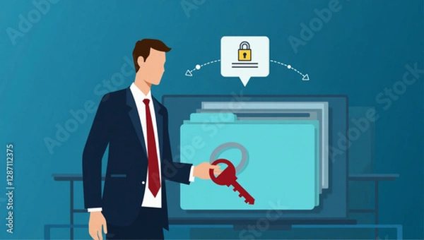 Obraz Businessman Securing Confidential Data with Key and Locked Folder, Representing Data Security and Privacy