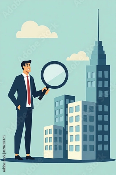 Obraz Businessman Using Magnifying Glass to Select Best Building for Company Expansion and Growth