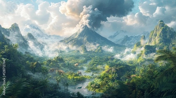Obraz Prehistoric Volcanic Landscape With Dinosaurs Roaming