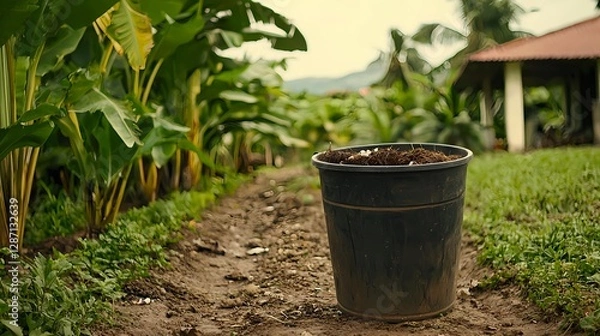 Fototapeta Banana Plantation with Potting Soil in Bucket, Sustainable Agriculture Farming Concept