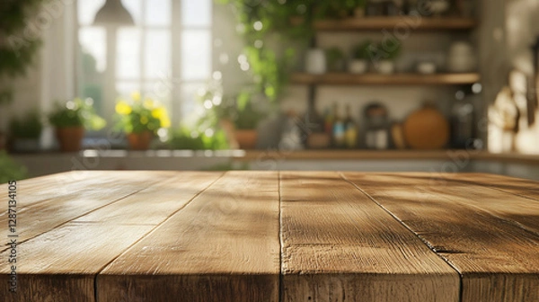 Obraz Minimalist modern kitchen interior with empty wooden table top, blurred bokeh background, and a clean, bright atmosphere, ideal for product placement or montage