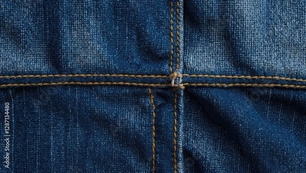 Fototapeta Denim fabric texture with stitching details showcasing blue jean material, emphasizing the quality and craftsmanship of textile design.
