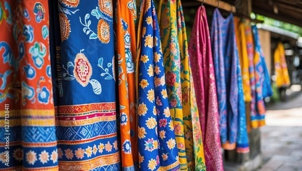 Fototapeta Vibrant display of Kulon Progo batik cloths showcasing diverse patterns and colors, celebrating Indonesia's rich textile heritage.