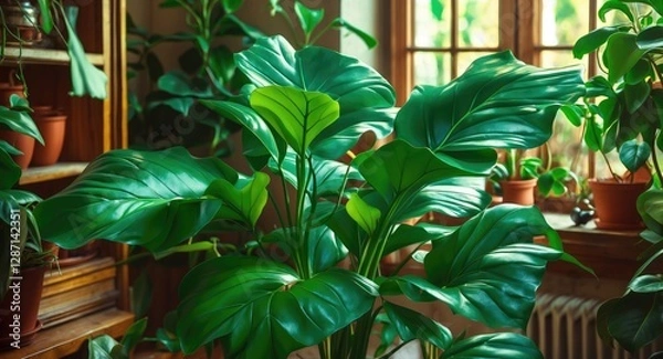 Fototapeta Lush green leaves of a tropical houseplant creating a vibrant indoor garden atmosphere with warm sunlight filtering through windows.