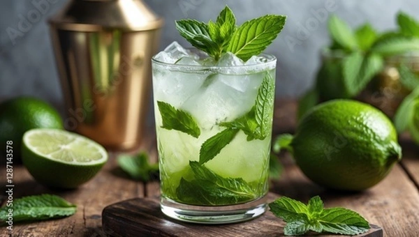 Fototapeta Refreshing Mojito Cocktail Served With Fresh Mint Leaves And Lime On Rustic Wooden Table
