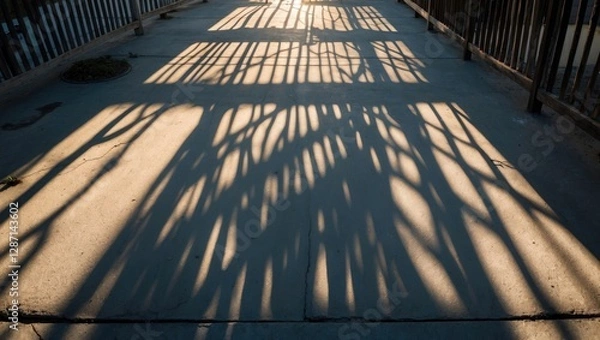 Fototapeta Light and shadow patterns on cement floor created by fence, showcasing intricate designs and textures in urban environment.