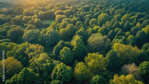 Fototapeta Aerial view of lush green forest canopy highlighting biodiversity and the importance of conservation for climate change and sustainable energy solutions