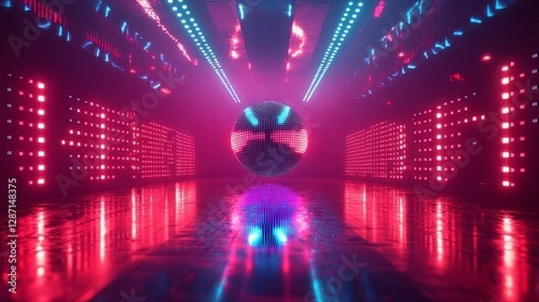 Obraz Luminous Sphere In Neon Lit Corridor With Led Walls
