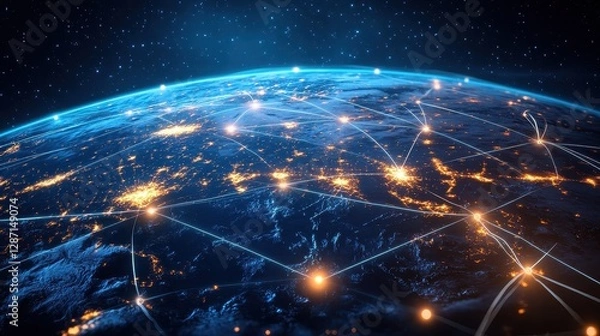 Fototapeta Digital globe with connected trade routes, global network, world trade. 