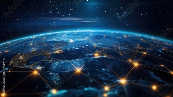 Fototapeta Digital globe with connected trade routes, global network, world trade. 