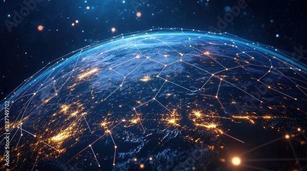 Fototapeta Digital globe with connected trade routes, global network, world trade. 