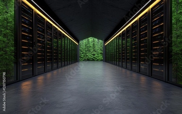 Fototapeta Modern data center with green forest background.