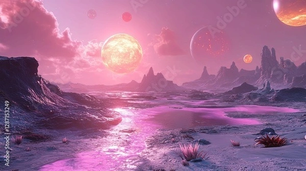 Obraz Alien Planet Landscape With Pink River And Multiple Suns