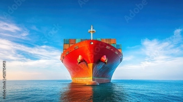 Obraz Front view container ship in import export and business logistic, Trade Port , Shipping, cargo to harbor, Water transport international, Shell Marine, Bright blue sky. 
