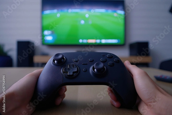 Fototapeta Enjoying a gaming session on a big screen with a controller in hand